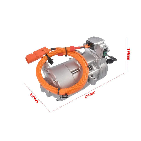 Direct Swap Electric Ev Ac Compressor Fits 2017 To 2020 Tesla Model 3 with orange wiring and dimensions labeled.