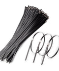 QIXIAMO 100-pack metal fasteners: black plastic cable ties with gray metal straps for farms, pipes, roofs, indoor use