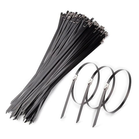 Front view of QIXIAMO 100pcs black nylon cable ties with metal locking heads for home use
