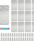 12 Pack Flat Mending Plate Metal Bracket Stainless Steel Corner Brace 60mm By 38mm Four Hole 0.05 Inch Thick Wood Repair Joining Plate With 48 Screws And One Screwdriver Black Great For Cabinets And DIY Furniture Reinforcement kit including brackets, screws, and screwdriver.