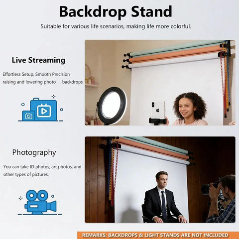 No Sweat 3 Roller Photography Backdrop Stand With Reliable Ceiling Or Light Stand Mount, Handles Standard Pipe Tubing, Includes Hooks And Telescoping Rods For Knockout Home Studio Clips