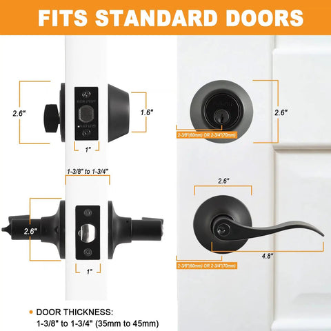 Matte Black Front Door Lock Set With Single Cylinder Deadbolt And Wave Lever Keyed Entry For Right Or Left Handed Doors Built To Last Durable Front Door Hardware For Easy Secure Home Entry, dimensions display