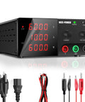 Beefy 600W Benchtop DC Power Supply 0 to 60V 0 to 10A with Encoder Knob and Output Switch High Power Adjustable Switching Regulated Bench Power Supply for Repair and Testing with 4 Digit Backlit Display, front view with cables