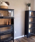 Ponderosa Premium Interior Wood Aging Stain 5 Gallon Container used on display cabinets for an authentic sun tanned brown finish.