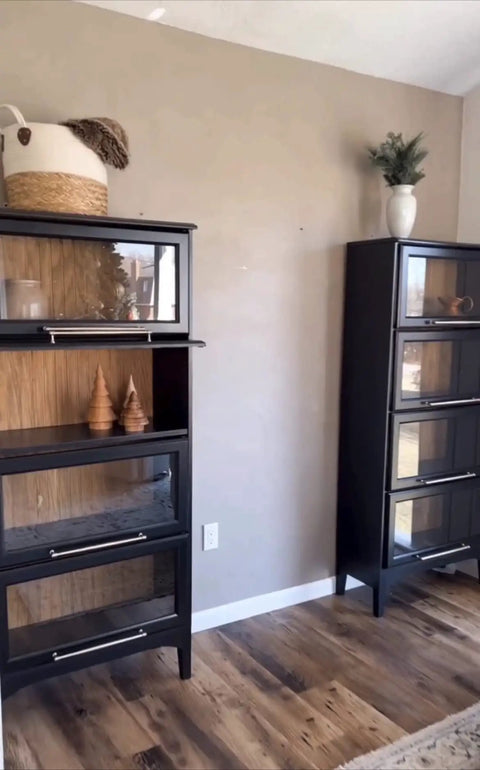 Ponderosa Premium Interior Wood Aging Stain 5 Gallon Container used on display cabinets for an authentic sun tanned brown finish.