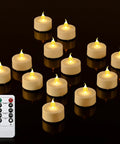 Flameless LED Tea Light Candles 24 Pack With Realistic Flicker Warm Yellow Glow Battery Operated Tealights For Party Wedding Valentines Day And Home Vibe, shown with remote control on dark surface