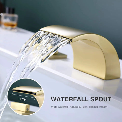 Brushed Gold 8 Inch Widespread Bathroom Faucet With Two Handles For 3 Hole Lavatory Vanity Sink Tap Overflow Drain And Waterfall Spout