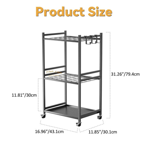 Diagram showing dimensions of Beast Mode Garden Tool Organizer Rack With 35 Slots Heavy Duty Steel Rolling Storage Rack.