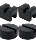 Front view of Aoheke black rubber jack-stand pads, 4-pack with two U-shaped adapters and two round spacers.