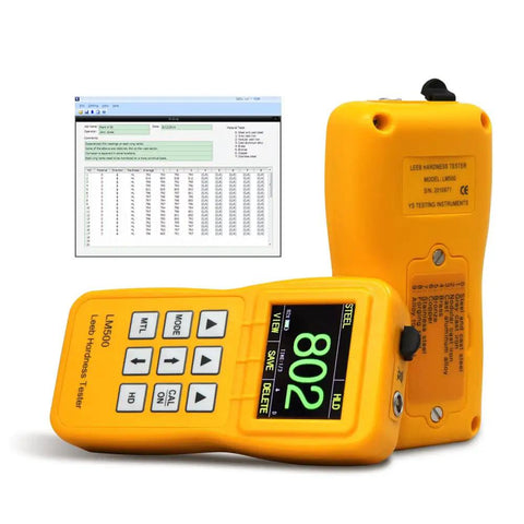 Portable Digital Leeb Hardness Tester For Metals Pro Grade Metal Hardness Testing Device With Leeb Rebound Technology Wide Material Compatibility From Steel And Cast Iron To Aluminum And Copper Lightweight Field Ready LM500, handheld yellow unit with display