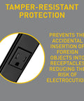 Close-up of outlet with shutter on Black 3 Foot Hardwired Power Strip With 6 Tamper Resistant Outlets 2000 Series Plugmold.