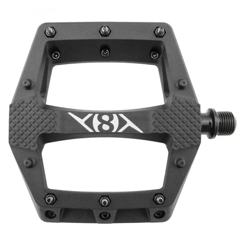 Strapd Platform Pedal With 9/16 Inch Chromoly Axle And Concave Composite Body Built In Strap Retention For MTB BMX And Fixed Gear Durable All Terrain Pedals With Serious Grip Black, showing top view with pins.