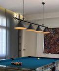 59 Inch Billiard Pool Table Light With Pull Chain Pendant Fixture, Three Matte Black Shades above a pool table in game room