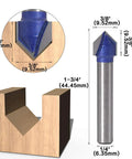 Yakamoz 1/4-inch shank 90° V-groove router bit with blue coating beside carved wood sample
