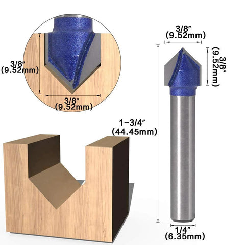 Yakamoz 1/4-inch shank 90° V-groove router bit with blue coating beside carved wood sample