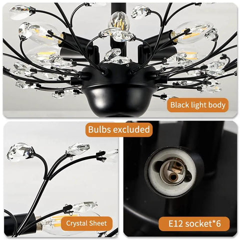 Vintage Six Light Branch Flush Mount Ceiling Light In Black With Crystal Bling Accents, close-up of black light body and E12 socket.