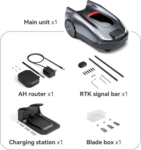 Robot Lawn Mower With RTK And Vision Navigation For Ultra Precise Home Lawn Care Up To 2000 Sq M Virtual Boundaries Multi Zone Management App Control Smart Obstacle Avoidance Fully Automatic Mowing, plus accessories including AH router, RTK signal bar, charging station, and blade box.