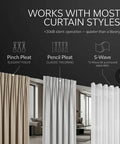 Image displays various curtain styles including Pinch Pleat, Pencil Pleat, and S-Wave for Top Shelf Motorized Smart Electric Curtain Track.
