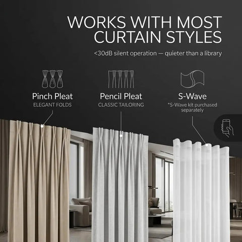 Image displays various curtain styles including Pinch Pleat, Pencil Pleat, and S-Wave for Top Shelf Motorized Smart Electric Curtain Track.