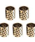 Pro Grade Brass Graphite Sleeve Bearings Featuring Slick Self Lube Design And Zero Friction Glide Perfect For Sliding Machinery Parts And Workshop Upgrades Sized At 17Mm Bore 23Mm OD X 30Mm, five bronze bushings with black dots.
