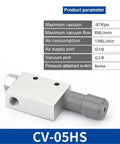 Top Tier Multistage Vacuum Generator For Heavy Industry Operations Delivering Insane Suction Performance With A Built Tough Design That Plays Nice With All CV And EV Series Units, silver CV-05HS valve with air supply and vacuum ports.