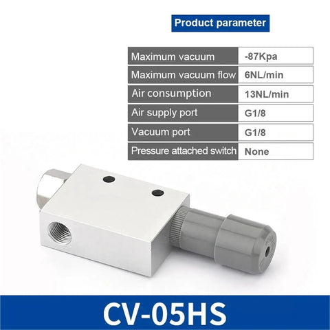 Top Tier Multistage Vacuum Generator For Heavy Industry Operations Delivering Insane Suction Performance With A Built Tough Design That Plays Nice With All CV And EV Series Units, silver CV-05HS valve with air supply and vacuum ports.