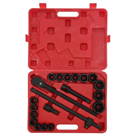 Get This Insane 21 Piece Deep Impact Socket Set With 3/4 And Two Inch Heads For Heavy Duty Vehicle Repair Jobs Making Mechanics Look Like Total Bosses Who Ace Every Tough Job Under The Hood Fast, red case open
