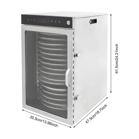 Heavy Duty Commercial Food Dehydrator With 16 Stainless Steel Trays, showing side view, dimensions 61.5cm x 35.5cm x 47.5cm.