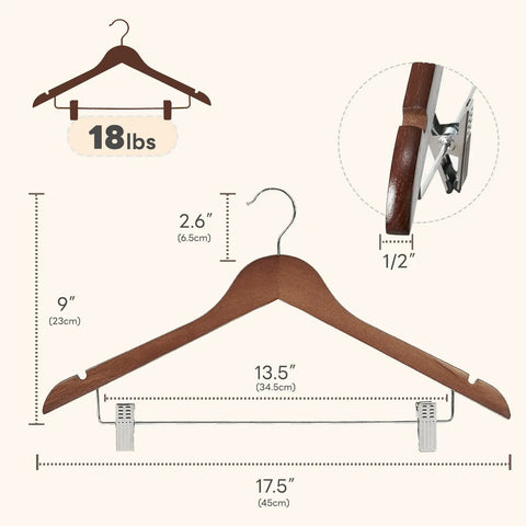 Diagram of Heavy Duty Wooden Hangers With Clips 24 Pack Premium Walnut Wood Hangers With Adjustable Clips for suits and coats