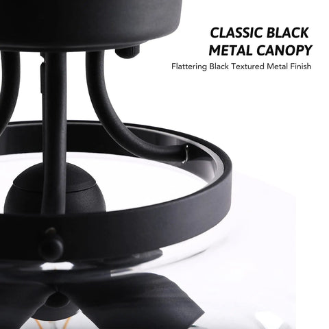 Close-up of industrial semi flush mount ceiling light with clear glass shade, matte black finish, metal canopy detail.