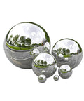 Top Shelf 304 Stainless Steel Hollow Ball Sphere With Rock Solid Polished Surface For Welding Fabrication Diy Projects And Outdoor Installation In Sleek Silver 51 Millimeters, multiple sizes showcased outdoors.