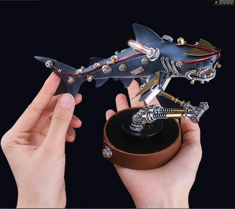 Steampunk Mutant Shark Metal Model Kit With 217 Pieces 3D DIY Puzzle Built in Brass Copper Alloy Fully Articulated Fins in hands