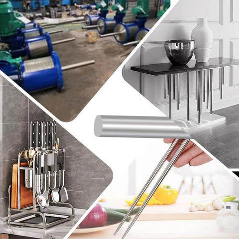 Collage showing Heavy Duty Five Piece 304 Stainless Steel Rod Set 0.125 Inch Diameter 10 Inch Length in various uses.