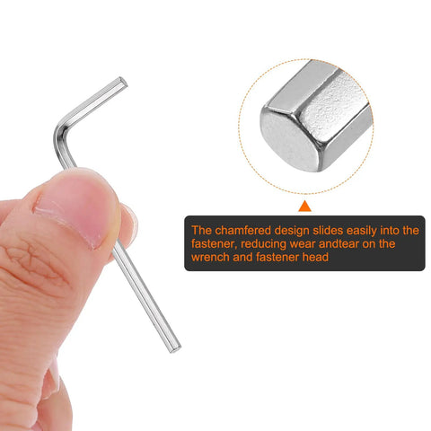 Close-up of 7/64 inch hex key from 12 Piece 7/64 Inch Hex Key Wrench Set Made From 45 Steel L Shaped SAE Allen Wrenches With Long And Short Arms Nickel Plated For Rust And Wear Resistance Built For Home DIY Bike And Motorcycle Repairs, held in hand, showcasing chamfered edge detail.