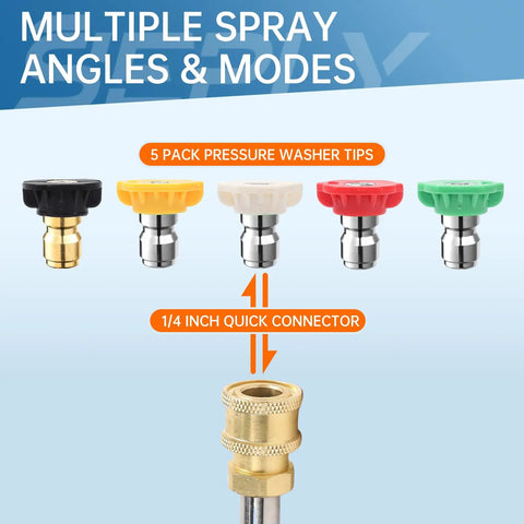 Five Pack Pressure Washer Nozzle Tips With 1 Quarter Inch Quick Connect, Handles Up To 4000 PSI And 2.5 GPM, Includes Holder