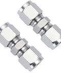 Two stainless steel compression tube fittings 1/8 in OD x 1/8 in OD with double ferrules