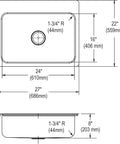 Technical diagram of Dayton Single Bowl Stainless Steel Kitchen Sink Dual Mount For Drop In Or Undermount Install 27 By 22 Inch 8 Inch Depth