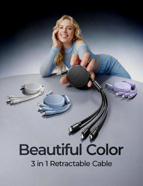 Woman holding 3 In 1 Retractable Car Charger Cable With USB C, Lightning And Micro USB Ports in multiple colors on a table.