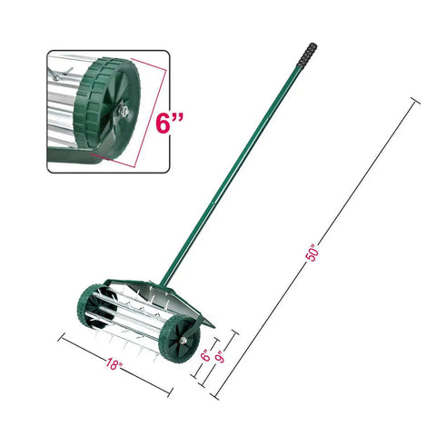 Rolling Lawn Aerator 18 Inch Garden Yard Rotary Push Tine Heavy Duty Spike Soil Aeration Manual Lawn Aeration Tool With 41 Inch Handle