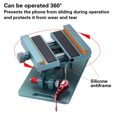 Universal Phone Screen Separator Clamp For Heating Free Back Cover Removal Rotatable LCD Separator Fixture With Strong Suction Cup And Bracket showing 360° operation and silicone antiframe.