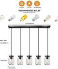 Five Light Glass Mason Jar Pendant Lights Farmhouse Kitchen Island Dining Room, dimensions and recommended bulb types shown