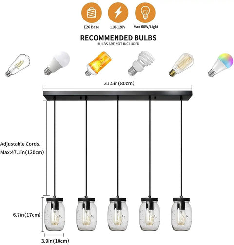 Five Light Glass Mason Jar Pendant Lights Farmhouse Kitchen Island Dining Room, dimensions and recommended bulb types shown