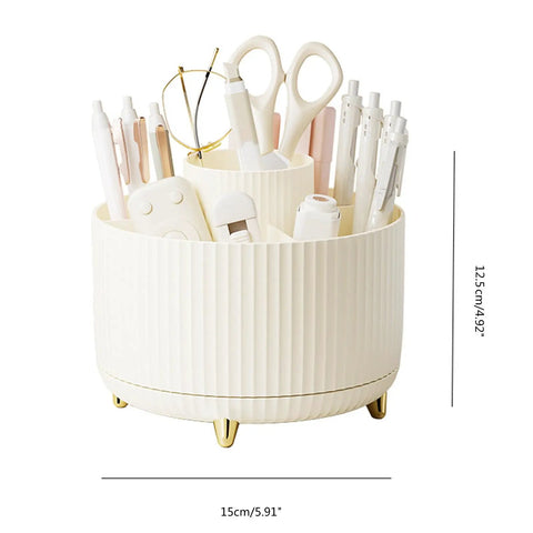 Rotating Desk Organizer With Six Compartments For Makeup Skincare Art Supplies And Office Gear Three Color Options Swivel Pen Holder And Multipurpose Storage For Markers Brushes Scraps And Essentials, 15x12.5 cm