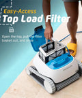 Person demonstrating the easy-access top load filter of the Proteus DX3 Automatic Robotic Pool Vacuum Cleaner With Wall Climbing