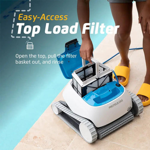 Person demonstrating the easy-access top load filter of the Proteus DX3 Automatic Robotic Pool Vacuum Cleaner With Wall Climbing