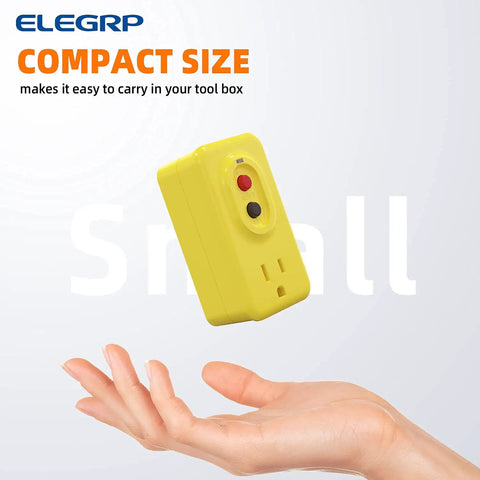 Manual Reset GFCI Outlet Adapter For Indoor Use, 15 Amp Grounded 3-Prong Socket, UL Listed, Yellow, floating over hand