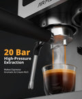 Espresso Machine With Burr Grinder And 20 Bar Pressure brewing a shot of espresso into a glass cup