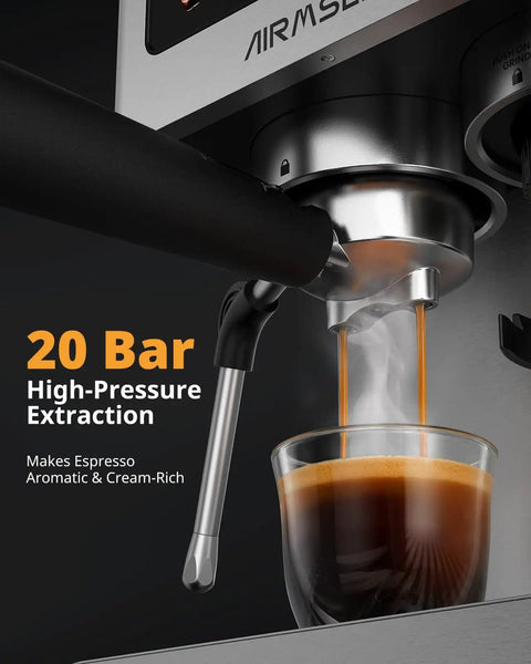 Espresso Machine With Burr Grinder And 20 Bar Pressure brewing a shot of espresso into a glass cup