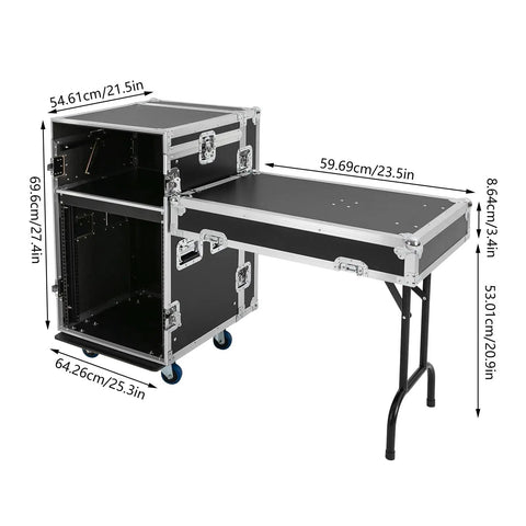 Heavy Duty 12U Server Rack Cabinet Built Tough For IT Network Rigs And Pro Audio Gear Featuring Hassle Free Adjustable Mounting Rails, side view with dimensions