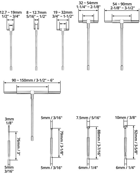 Six-piece stainless steel telescoping bore gauge set (1/8"–1/2") with T-bore gauges, front view.